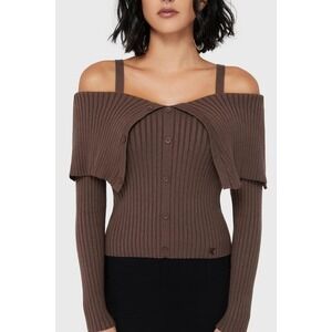 Killstar Brown‎ Ribbed Off Shoulder Button Up Cardigan Top Long Sleeve Strappy